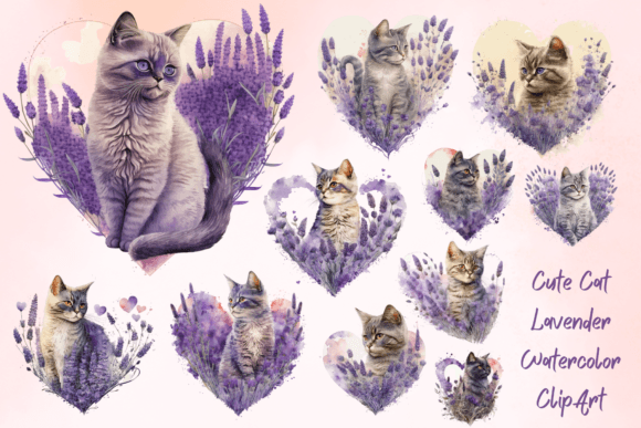Download Cute Cat Lavender Watercolor ClipArt - Premium Bundle